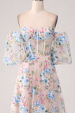 A-Line Apricot Flower Off the Shoulder Long Corset Prom Dress A-Line Apricot Flower Off the Shoulder Long Corset Prom Dress