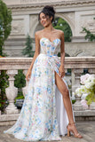 White Blue Flower A Line Sweetheart Corset Long Prom Dress with Slit White Blue Flower A Line Sweetheart Corset Long Prom Dress with Slit