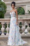 White Blue Flower A Line Sweetheart Corset Long Prom Dress with Slit White Blue Flower A Line Sweetheart Corset Long Prom Dress with Slit
