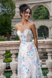 White Blue Flower A Line Sweetheart Corset Long Prom Dress with Slit White Blue Flower A Line Sweetheart Corset Long Prom Dress with Slit