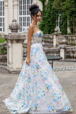 White Blue Flower A Line Sweetheart Corset Long Prom Dress with Slit White Blue Flower A Line Sweetheart Corset Long Prom Dress with Slit