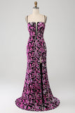 Sparkly Mermaid Fuchsia Black Sequin Prom Dress With Side Slit Sparkly Mermaid Fuchsia Black Sequin Prom Dress With Side Slit