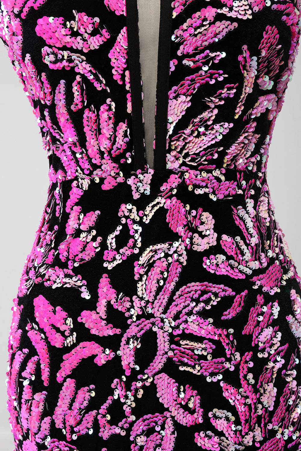 Sparkly Mermaid Fuchsia Black Sequin Prom Dress With Side Slit Sparkly Mermaid Fuchsia Black Sequin Prom Dress With Side Slit