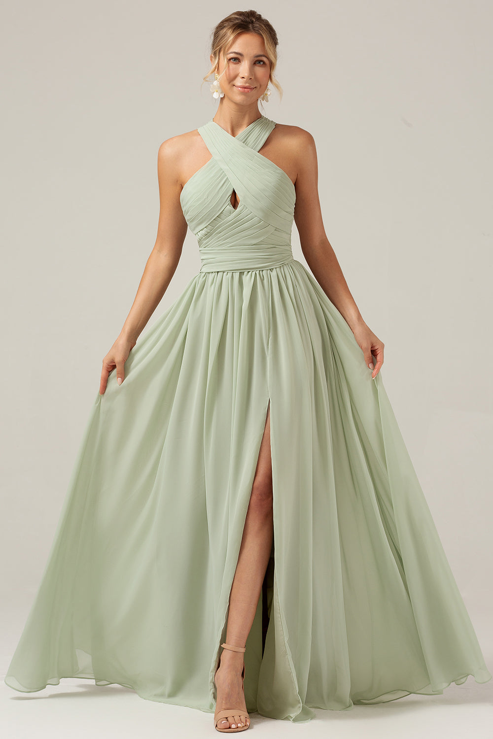 Zapakasa Women Dusty Sage Boho Chiffon Long Bridesmaid Dress with Button Back Halter Wedding Party Dress with Slit Zapakasa Women Dusty Sage Boho Chiffon Long Bridesmaid Dress with Button Back Halter Wedding Party Dress with Slit