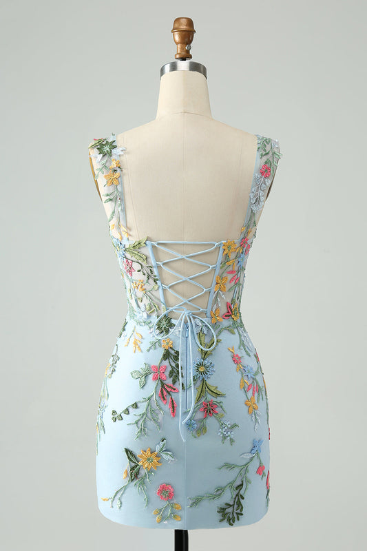 Blue Floral Bodycon Spaghetti Straps Embroidered Short Homecoming Dress