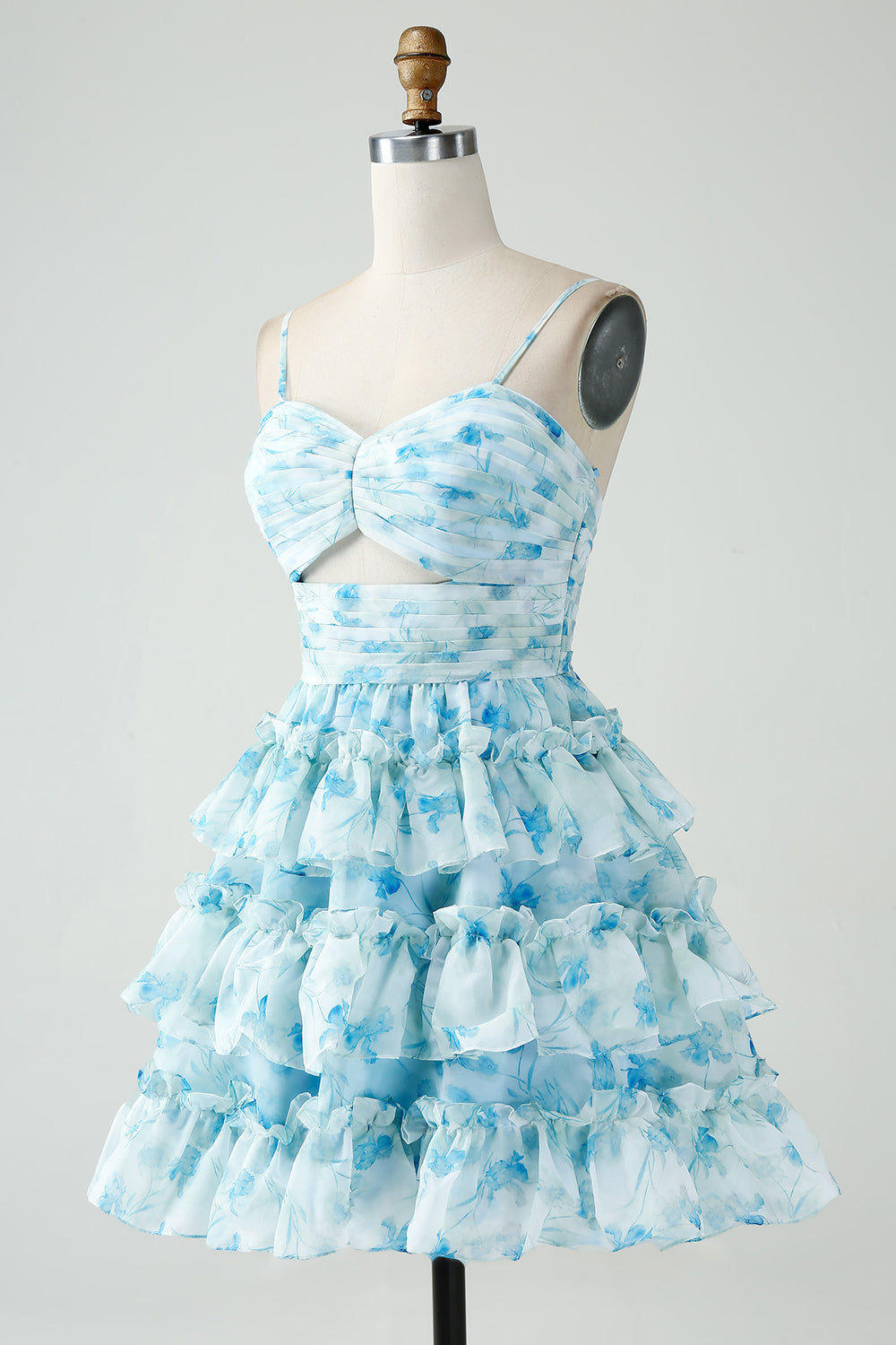 Blue Floral A-Line Spaghetti Straps Tiered Short Homecoming Dress Blue Floral A-Line Spaghetti Straps Tiered Short Homecoming Dress