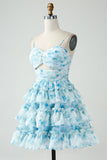Blue Floral A-Line Spaghetti Straps Tiered Short Homecoming Dress Blue Floral A-Line Spaghetti Straps Tiered Short Homecoming Dress