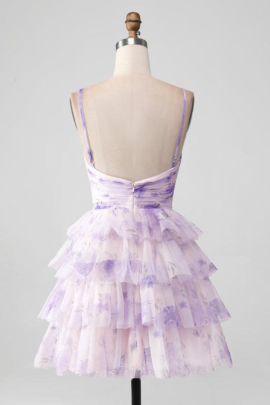 Lavender Flower A Line Spaghetti Straps Tiered Pleated Short Homecoming Dress