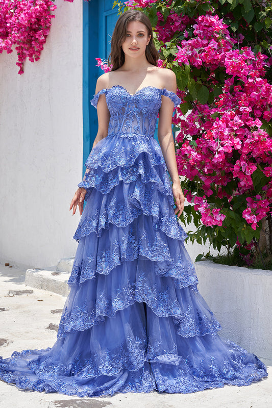 Dark Blue Off The Shoulder Tiered Prom Dress