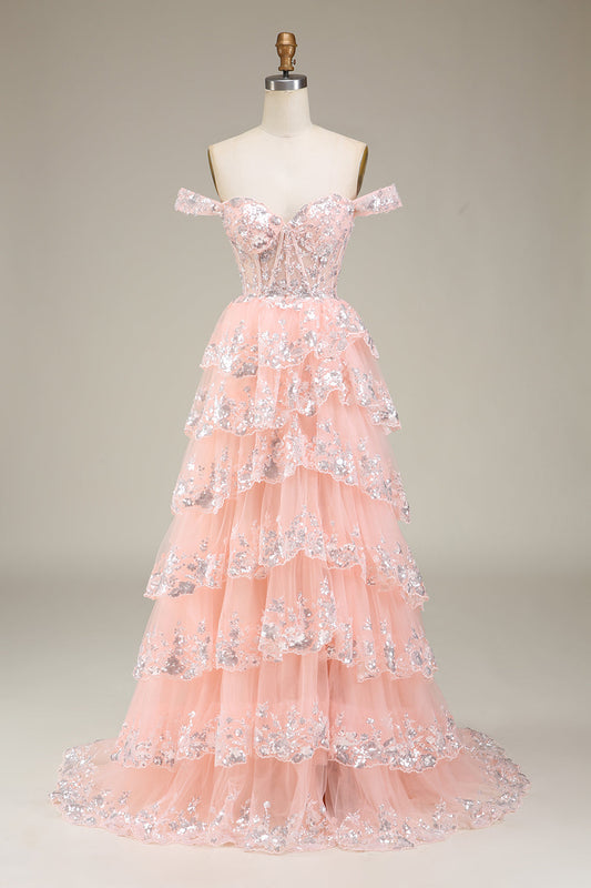 Blush Off The Shoulder Tiered Prom Dress