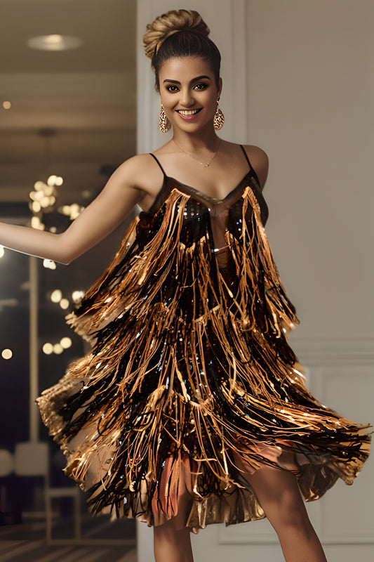 Spaghetti Straps Black Golden Homecoming Dress with Fringes
