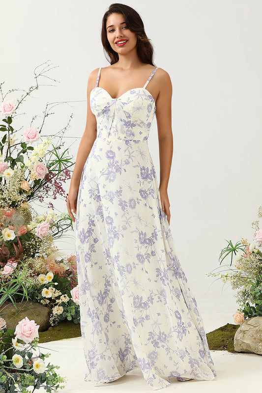 Purple Floral Sweetheart Bridesmaid Dress Spaghetti Straps Backless A Line Long Party Dress