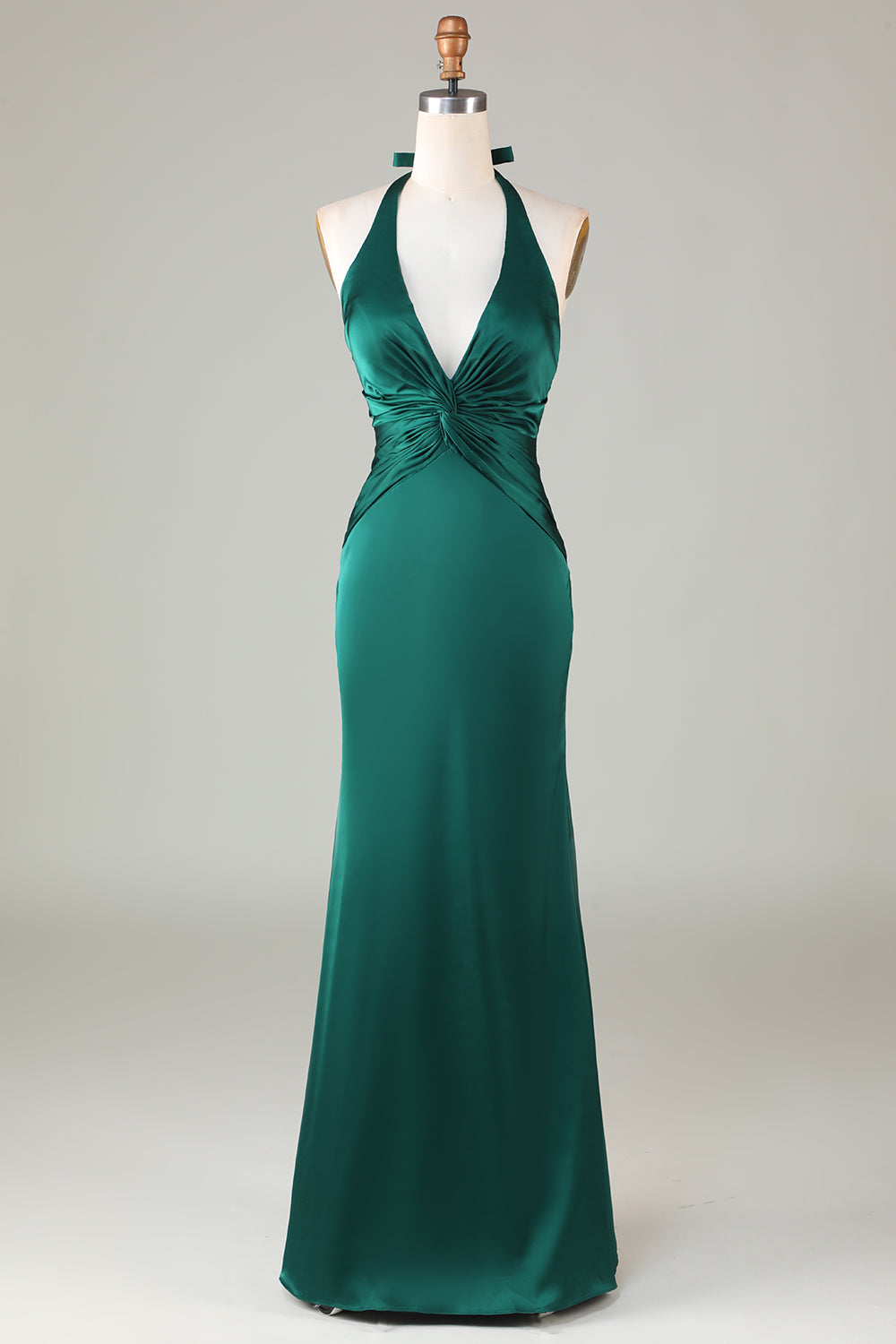 Elegant Dark Green Satin Halter Mermaid Bridesmaid Dress Open Back Maxi Prom Dress Elegant Dark Green Satin Halter Mermaid Bridesmaid Dress Open Back Maxi Prom Dress