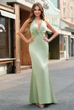 Dusty Sage Satin Sheath Halter Long Bridesmaid Dress Dusty Sage Satin Sheath Halter Long Bridesmaid Dress