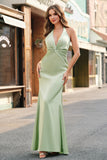 Dusty Sage Satin Sheath Halter Long Bridesmaid Dress Dusty Sage Satin Sheath Halter Long Bridesmaid Dress