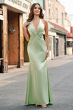 Dusty Sage Satin Sheath Halter Long Bridesmaid Dress Dusty Sage Satin Sheath Halter Long Bridesmaid Dress