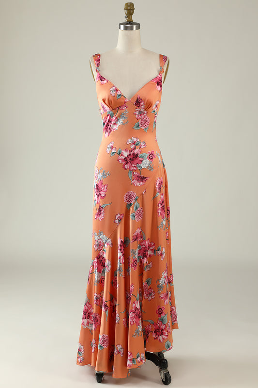 Orange Flower Printed Satin Bridesmaid Dress