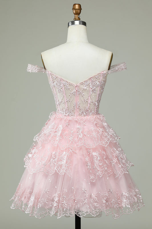 Pink Off the Shoulder Corset Homecoming Dress with Lace