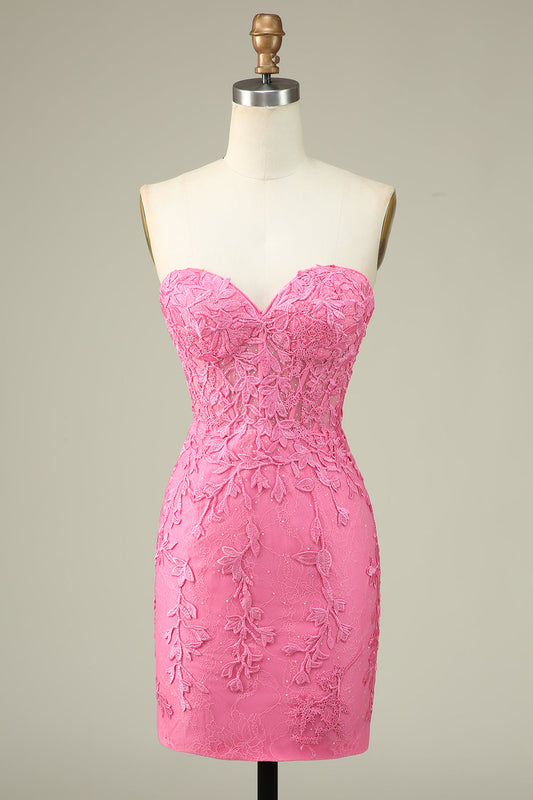 Pink Corset Lace Tight Short Homecoming Dress