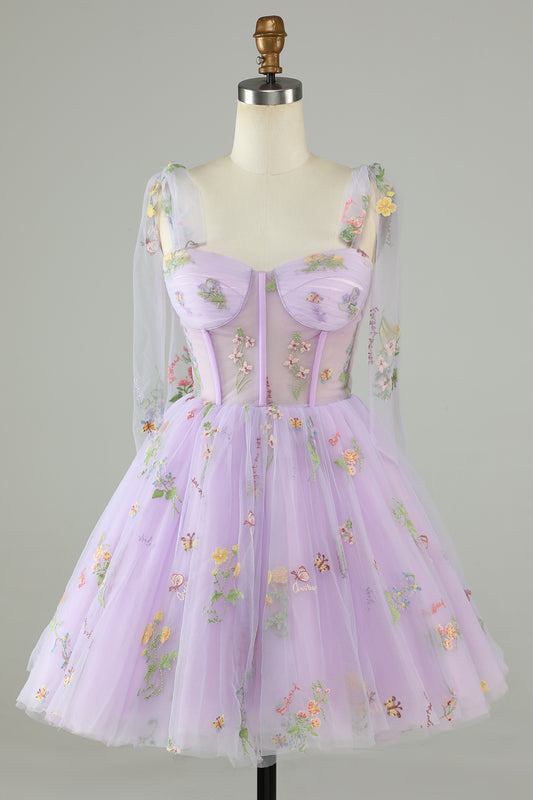 Spaghetti Straps Lavender Tulle Short Homecoming Dress with Embroidery