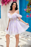 A-Line Spaghetti Straps V-Neck Embroidery Lavender Short Homecoming Dress A-Line Spaghetti Straps V-Neck Embroidery Lavender Short Homecoming Dress