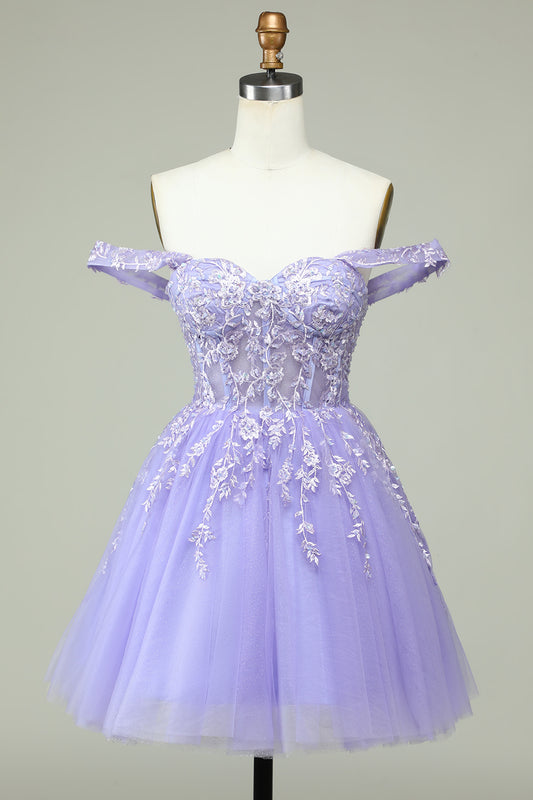 Off The Shoulder Lilac Corset Straps A-Line Short Homecoming Dress