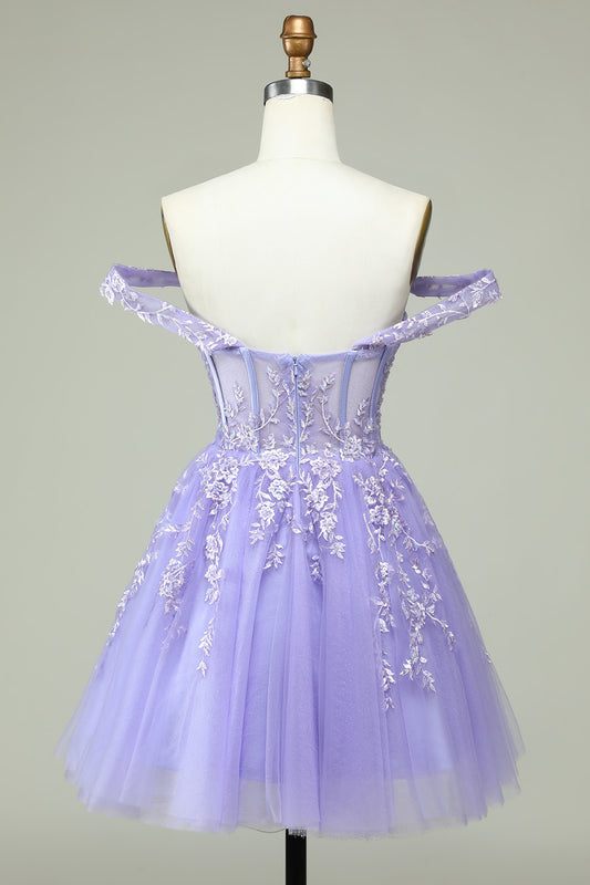 Off The Shoulder Lilac Corset Straps A-Line Short Homecoming Dress