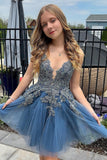 Spaghetti Straps Grey Blue Short Tulle A Line Homecoming Dress with Appliques Spaghetti Straps Grey Blue Short Tulle A Line Homecoming Dress with Appliques