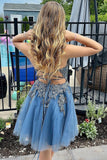 Spaghetti Straps Grey Blue Short Tulle A Line Homecoming Dress with Appliques Spaghetti Straps Grey Blue Short Tulle A Line Homecoming Dress with Appliques