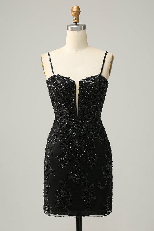 Sequins Spaghetti Straps Black Short Homecoming Dress