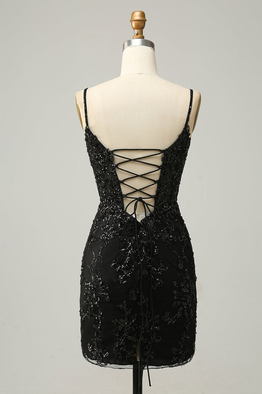 Sequins Spaghetti Straps Black Short Homecoming Dress