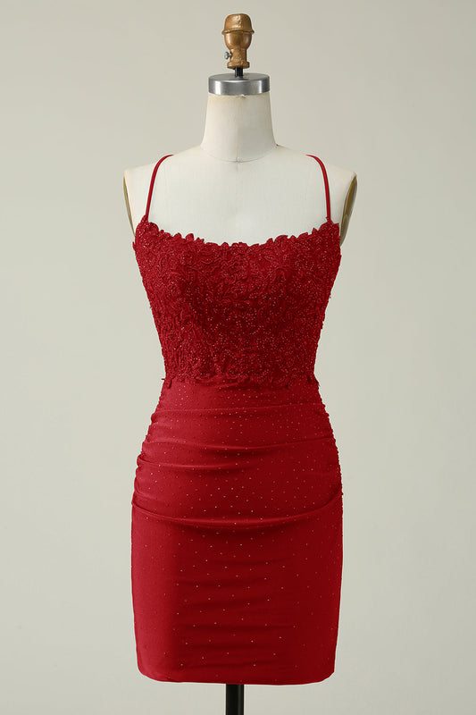 Zapaka Red Short Homecoming Dress Sheath Spaghetti Straps Cocktail Dress Appliques Beaded Hoco Dress