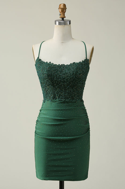 Zapaka Dark Green Short Homecoming Dress Sheath Spaghetti Straps Cocktail Dress Appliques Beaded Hoco Dress