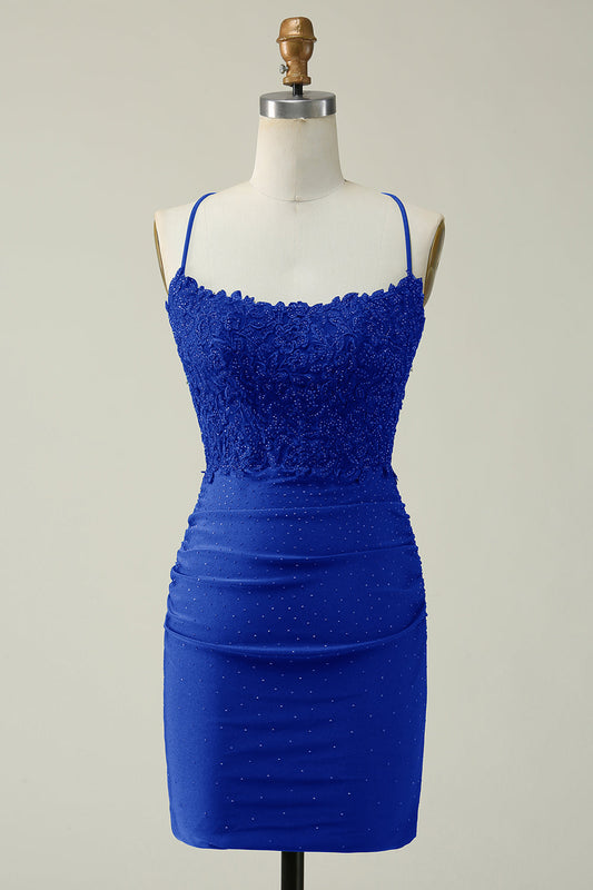 Zapaka Royal Blue Short Homecoming Dress Sheath Spaghetti Straps Cocktail Dress Appliques Beaded Hoco Dress
