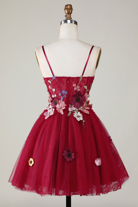 Burgundy A Line Spaghetti Straps Homecoming Dress With 3D Flowers