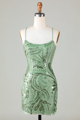 Green Spaghetti Straps Tight Glitter Homecoming Dress with Beaded