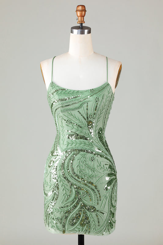 Zapaka Sparkly Green Short Homecoming Dress Sheath Cocktail Dress with Criss Cross Back Spaghetti Straps Hoco Dress