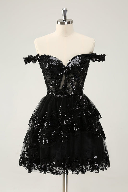 Sparkly Black Homecoming Dress A Line Off The Shoulder Corset Tiered Lace Short Cocktail Party Dress