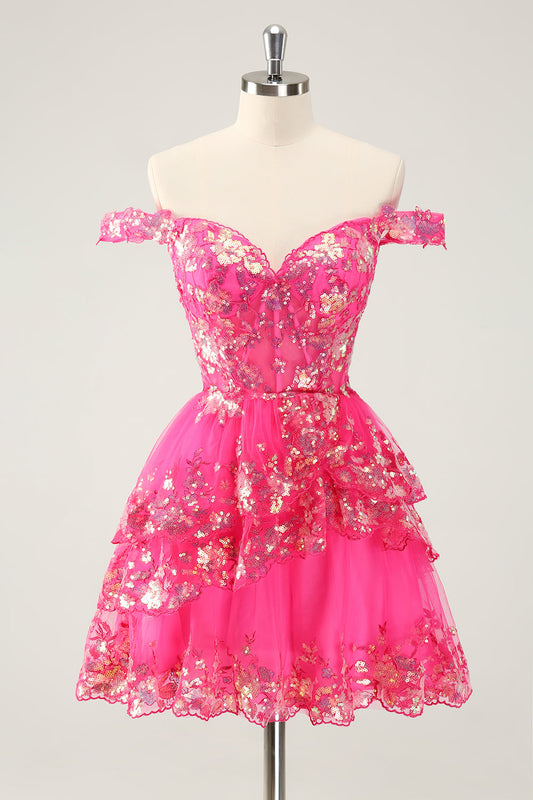 Cute Sparkly Hot Pink Short Homecoming Dress A Line Tiered Corset Lace Cocktail Party Dress