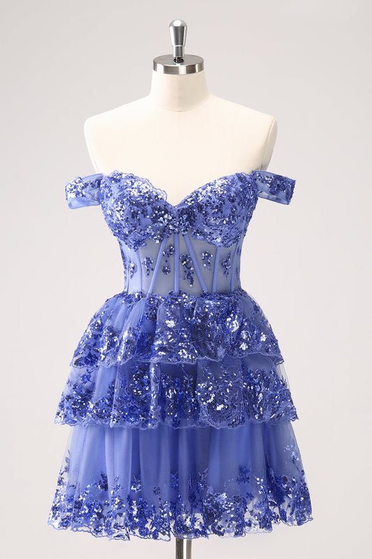 Sparkly Dark Blue Homecoming Dress with Ruffles A Line Off the Shoulder Corset Short Cocktail Dress