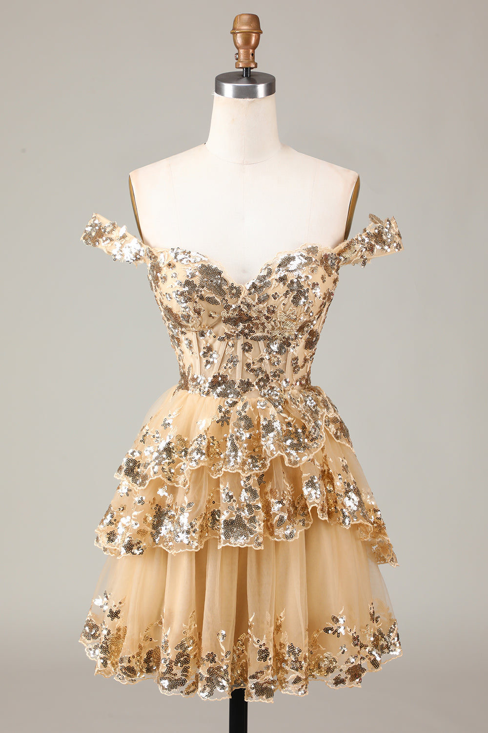 Zapakasa Women Sparkly Golden A-Line Short Homecoming Dress Off the Shoulder Corset Lace Homecoming Dress