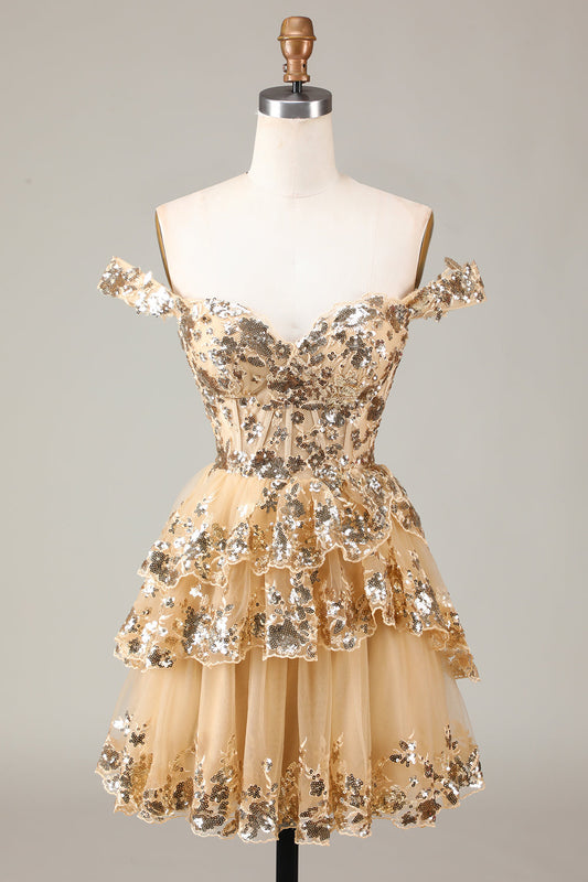 Sparkly Golden A-Line Short Homecoming Dress Off the Shoulder Corset Lace Homecoming Dress