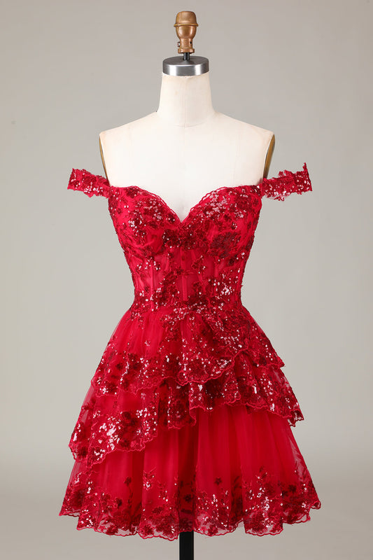 Sparkly Red A-Line Short Homecoming Dress Off the Shoulder Corset Lace Homecoming Dress