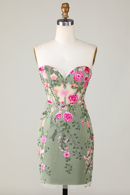 Sweetheart Green Backless Embroidery Tight Homecoming Dress