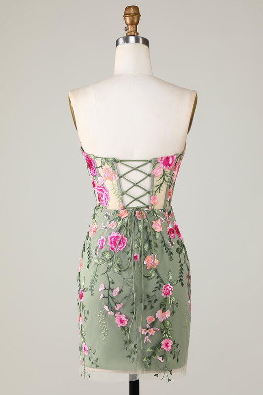 Sweetheart Green Backless Embroidery Tight Homecoming Dress