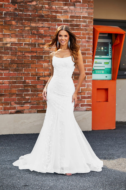 White Mermaid Lace Long Wedding Dress Spaghetti Straps Bridal Dress