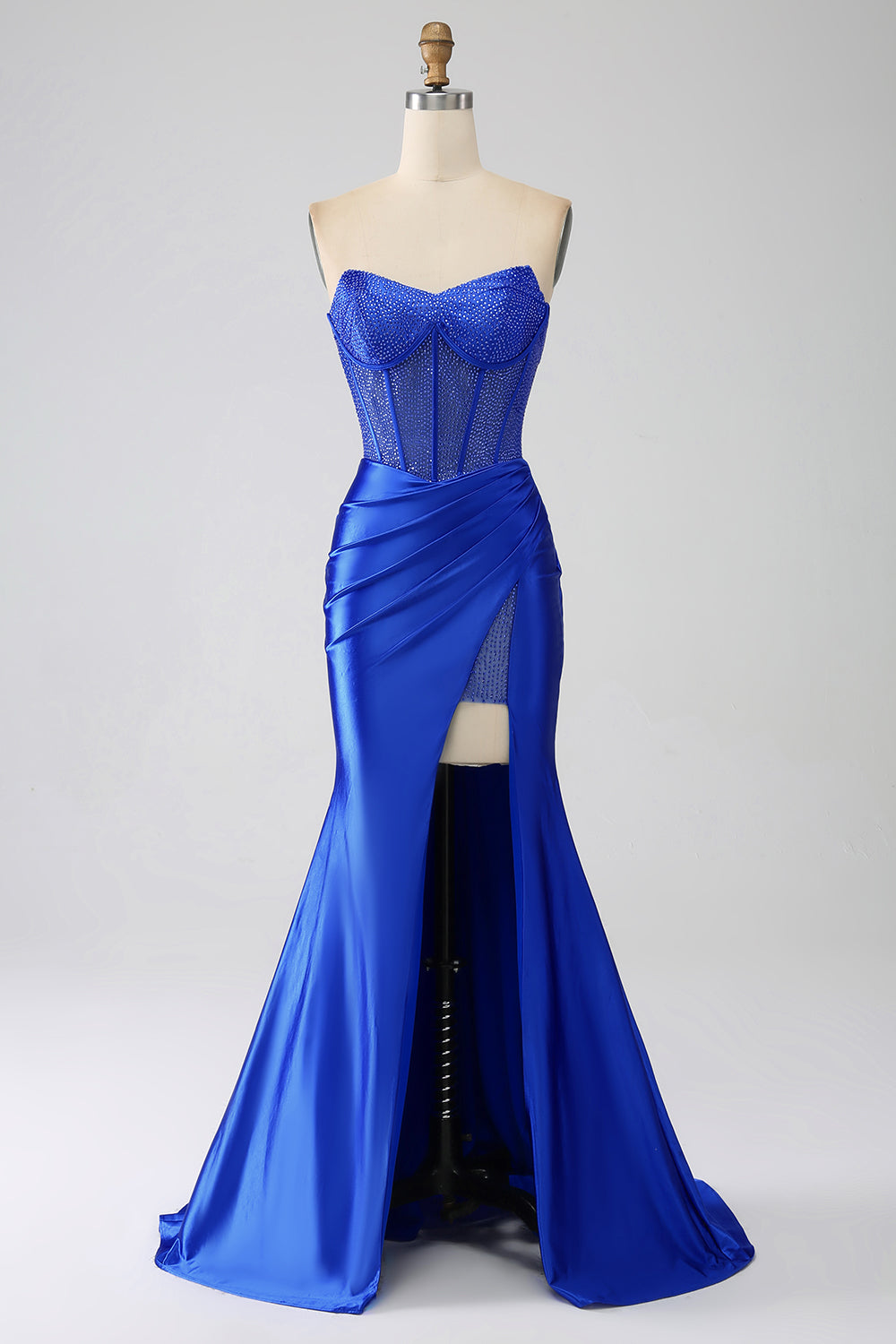 Zapakasa Women Royal Blue Corset Prom Dress with Beading Mermaid Strapless  Evening Dress with Ruffles