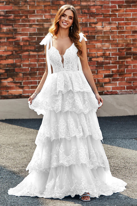 White Lace Long Wedding Dress with Ruffles A-Line Tiered Spaghetti Straps Bridal Dress