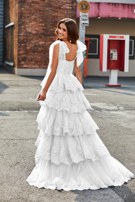 White A-Line Lace Tiered Long Wedding Dress with Ruffles