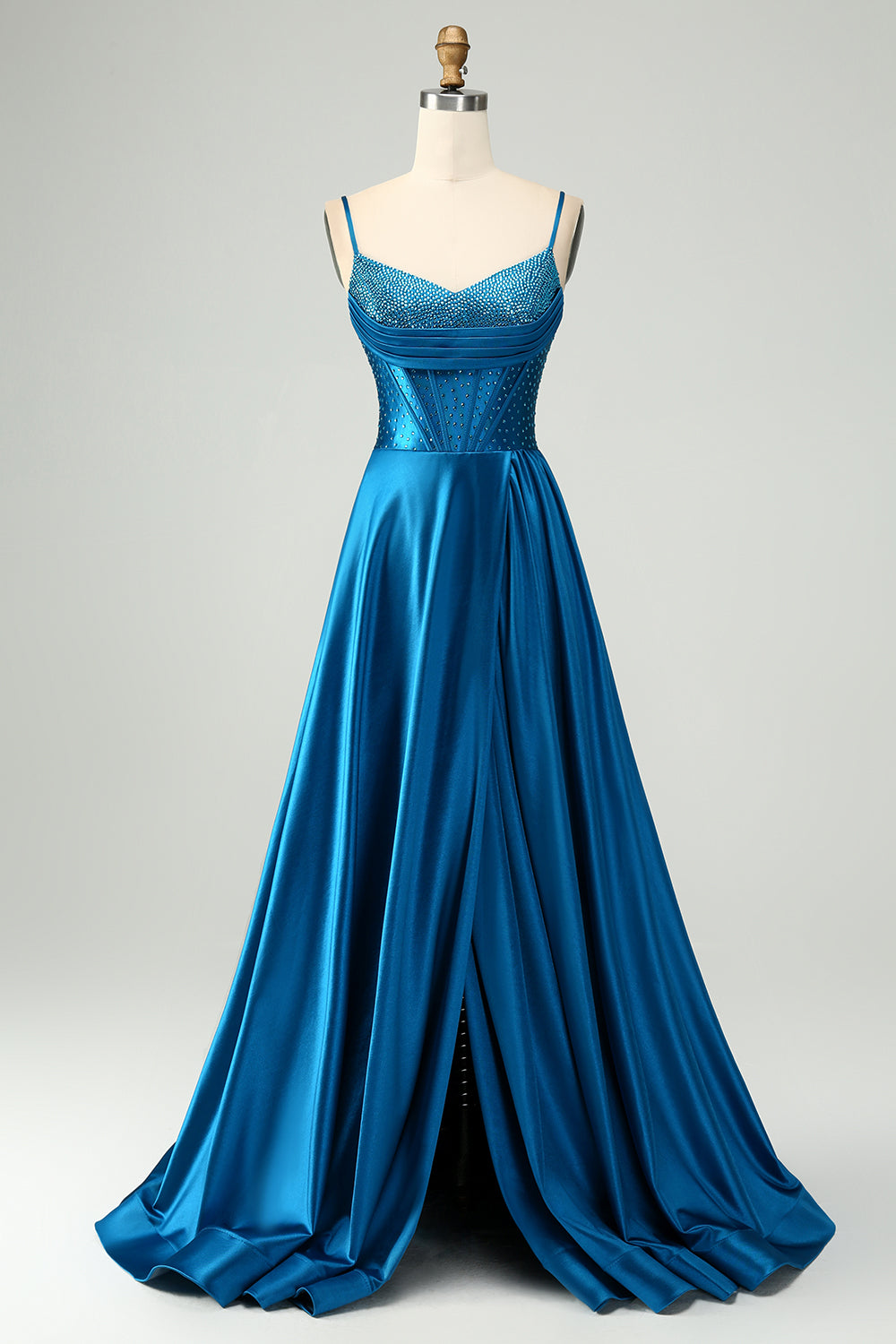 Zapakasa Women Sparkly Beaded Dark Blue Prom Dress With Slit Corset Long Spaghetti Straps A Line Evening Dress Zapakasa Women Sparkly Beaded Dark Blue Prom Dress With Slit Corset Long Spaghetti Straps A Line Evening Dress